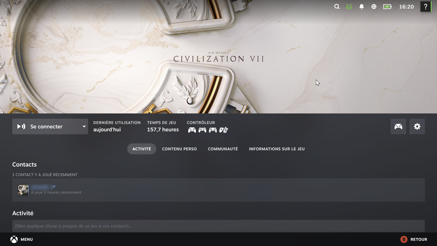L’interface Big Picture de Steam sur le portable, sur la fiche de Civilization VII : un bouton « Se connecter » à la place du bouton « Jouer »
