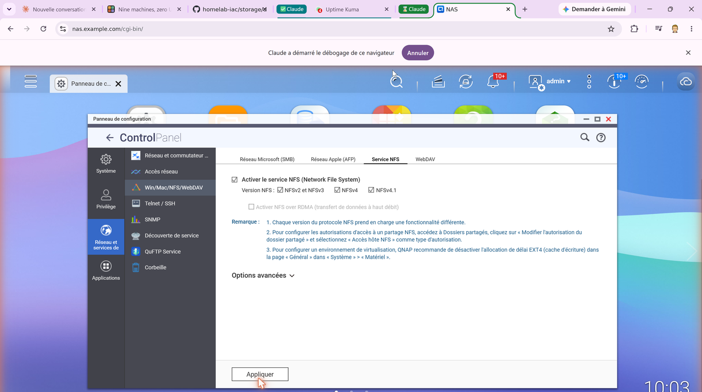 Le panneau des services NFS du NAS, affiché dans le navigateur piloté par l’agent, avec la bannière de débogage de Chrome en haut de la fenêtre