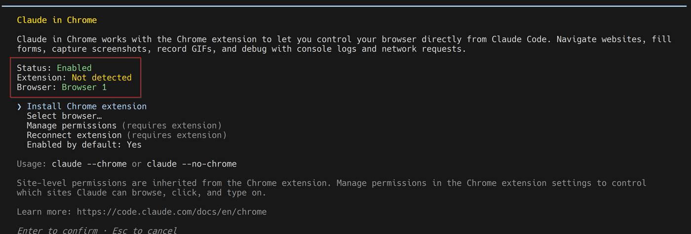 Le panneau de réglages Claude in Chrome dans le terminal de Claude Code : statut activé, extension non détectée, navigateur ciblé, et les options d’installation et de permissions