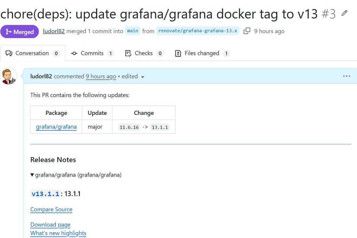 Une pull request de Renovate sur GitHub : mise à jour de l’image grafana/grafana de 11.6.16 vers 13.1.1, type « major », avec les notes de version dépliées en dessous et l’étiquette renovate
